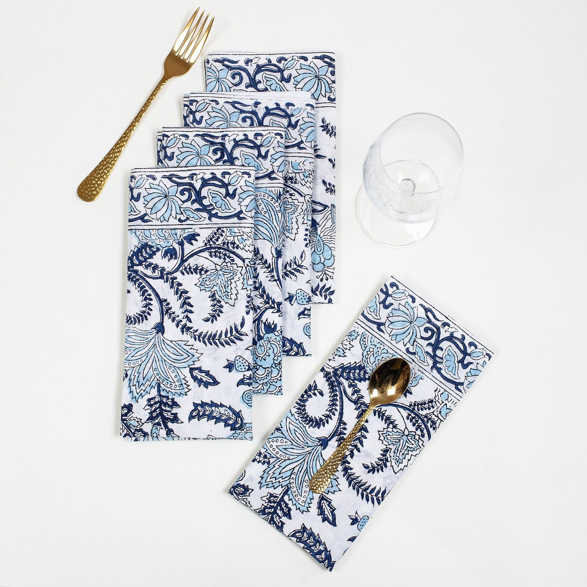 Hand Block Sky Blue Floral Printed Hand Napkins